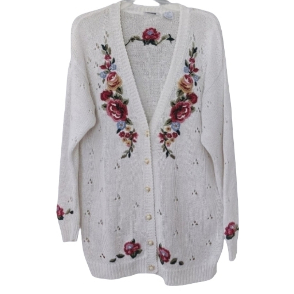 Vintage CAPACITY Cottage Grandma 80s/90s‎ Floral Embroidered Cardigan PL